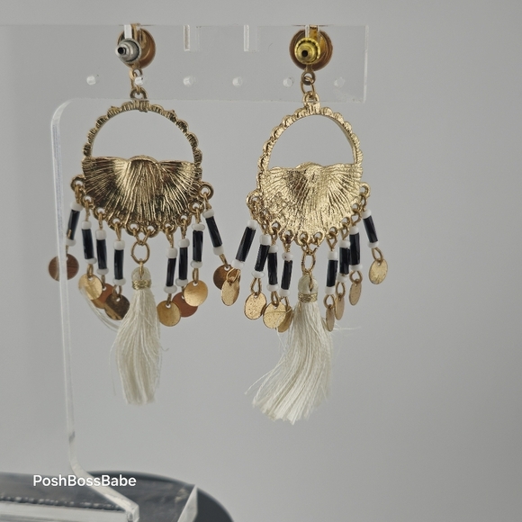 Boho Chic Gold and Black Beaded Statement Earrings – 3.25" Length - Picture 4 of 8